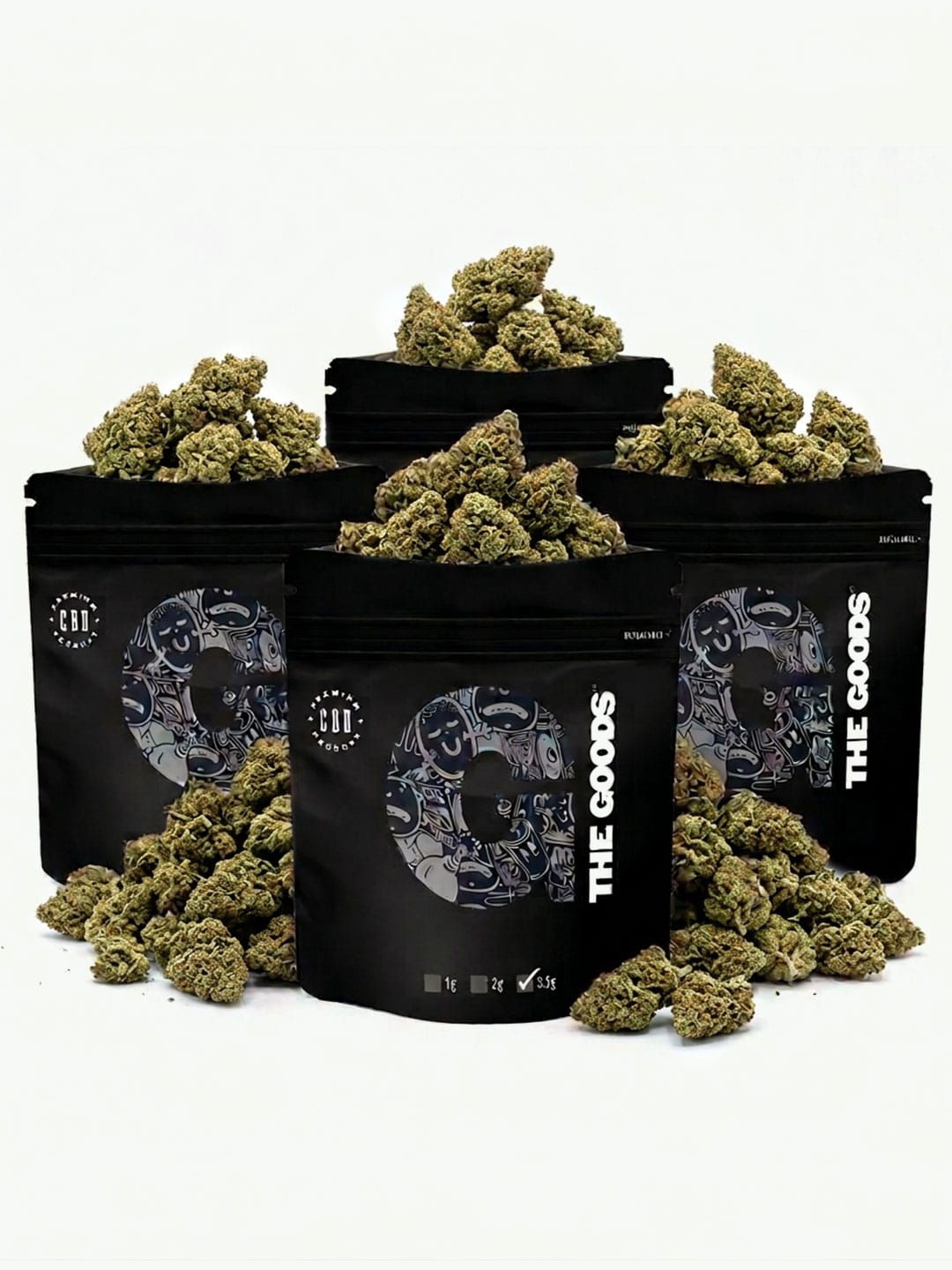 Four “The Goods” 3.5g pouches from HempElf.com Pick N’ Mix Bundle, displayed on a white background.