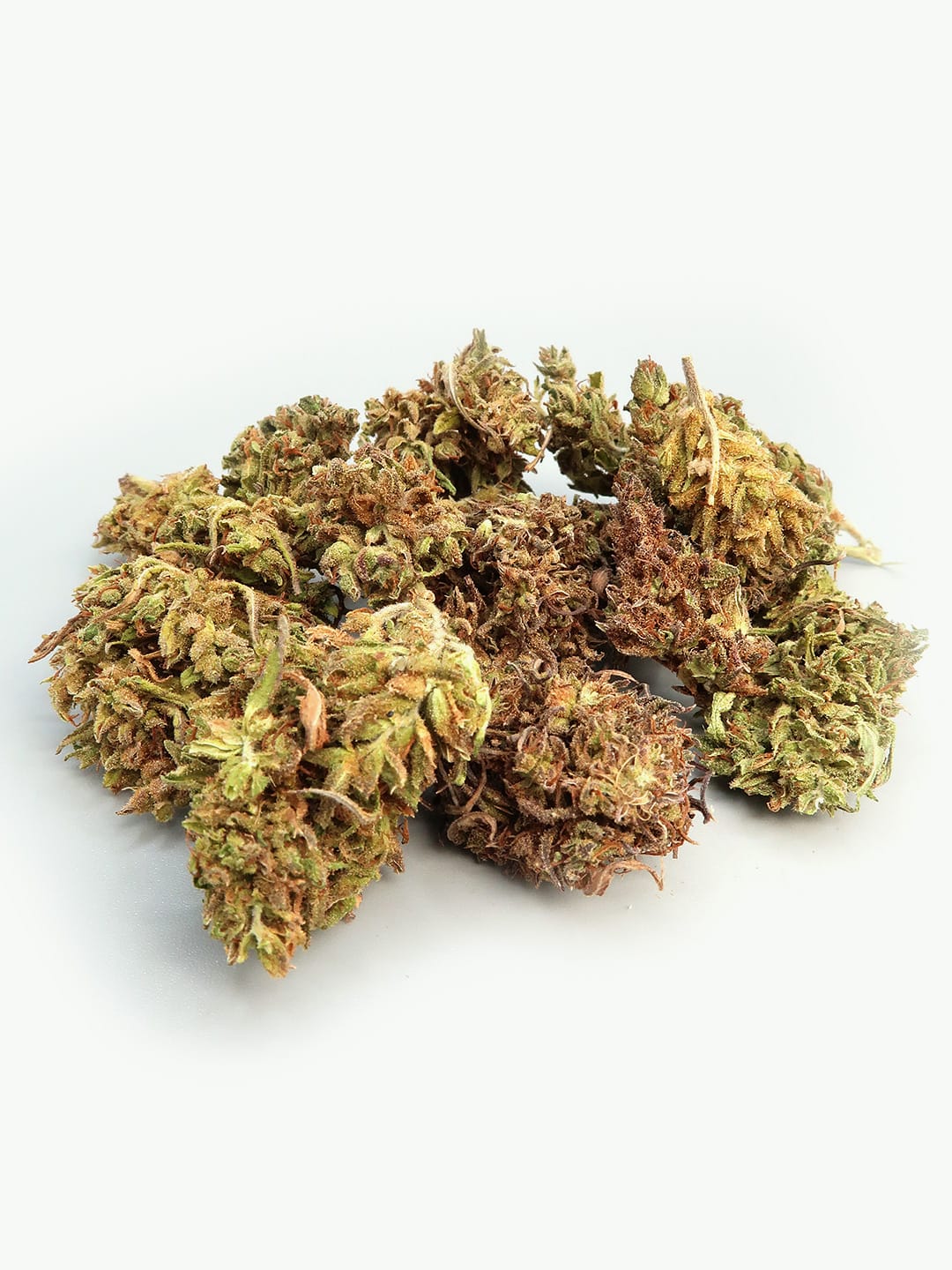 Blackberry Kush Super Budget Hemp Flowers (8-13% CBD) by HempElf.com arranged in a pile on a white background.