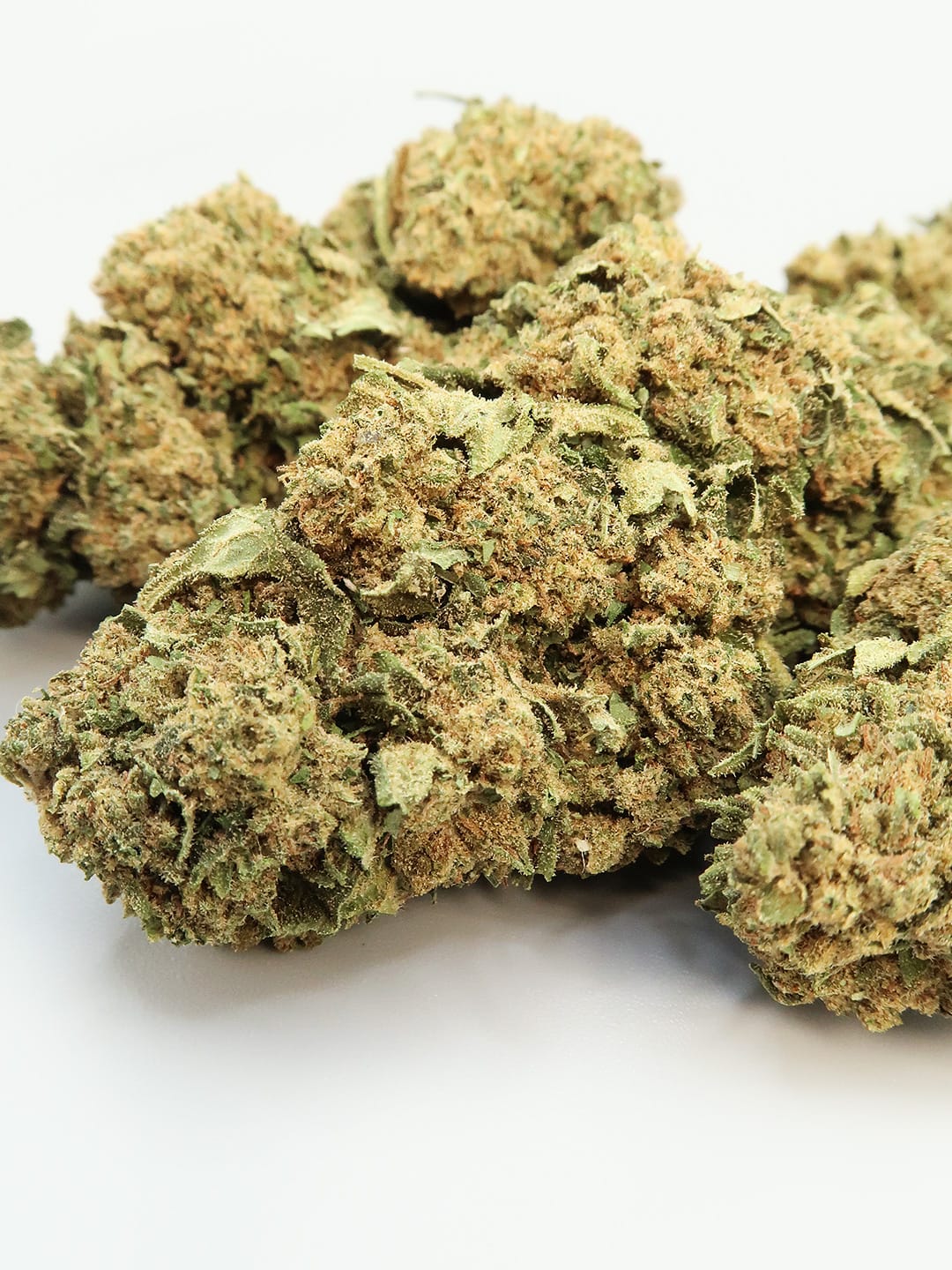 Close-up of HempElf Milkshake Budget CBD Flowers UK (8-13% CBD) dried hemp buds on a white background.