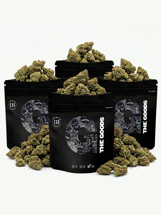 Four “The Goods” 3.5g pouches from HempElf.com Pick N’ Mix Bundle, displayed on a white background.