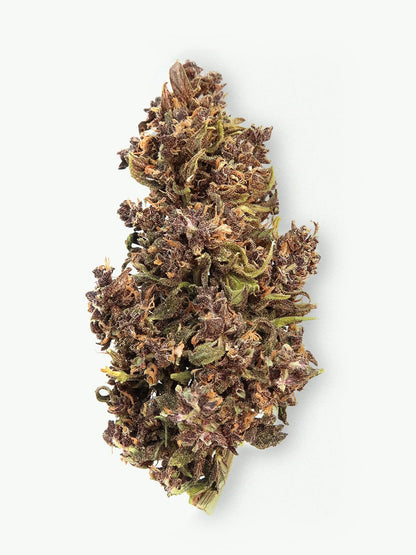 Red Syrup Super Budget Hemp Flower (8-13% CBD) from HempElf.com; purple-green hues on white background, top view.