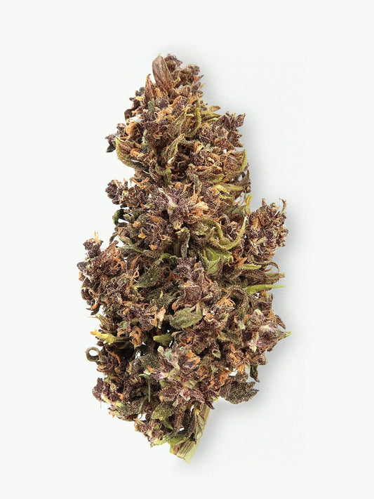 Red Syrup Super Budget Hemp Flower (8-13% CBD) from HempElf.com; purple-green hues on white background, top view.