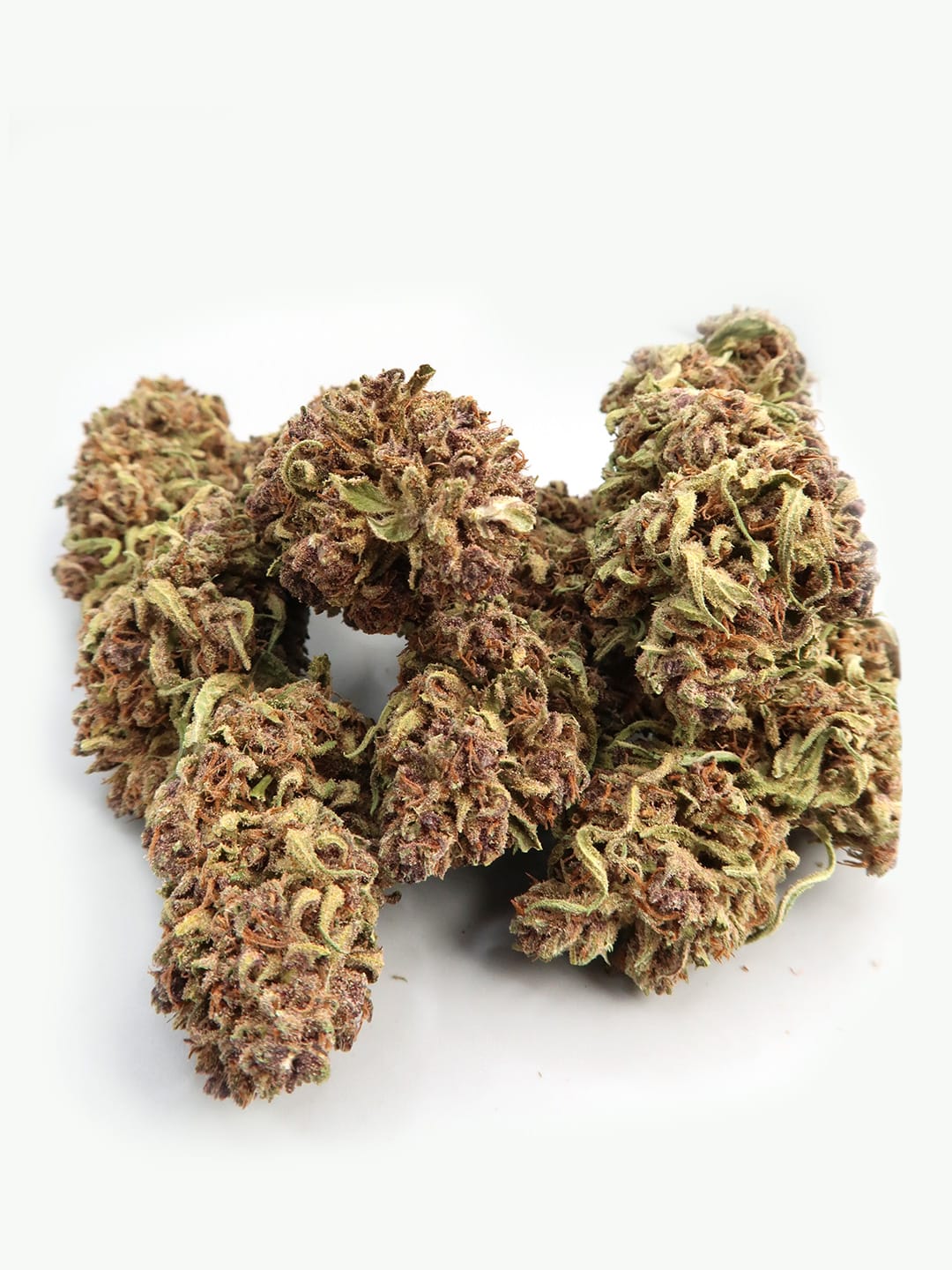 Sour Diesel CBD Budget Hemp Flower by HempElf, with visible trichomes and greenish-purple hues on a white background.