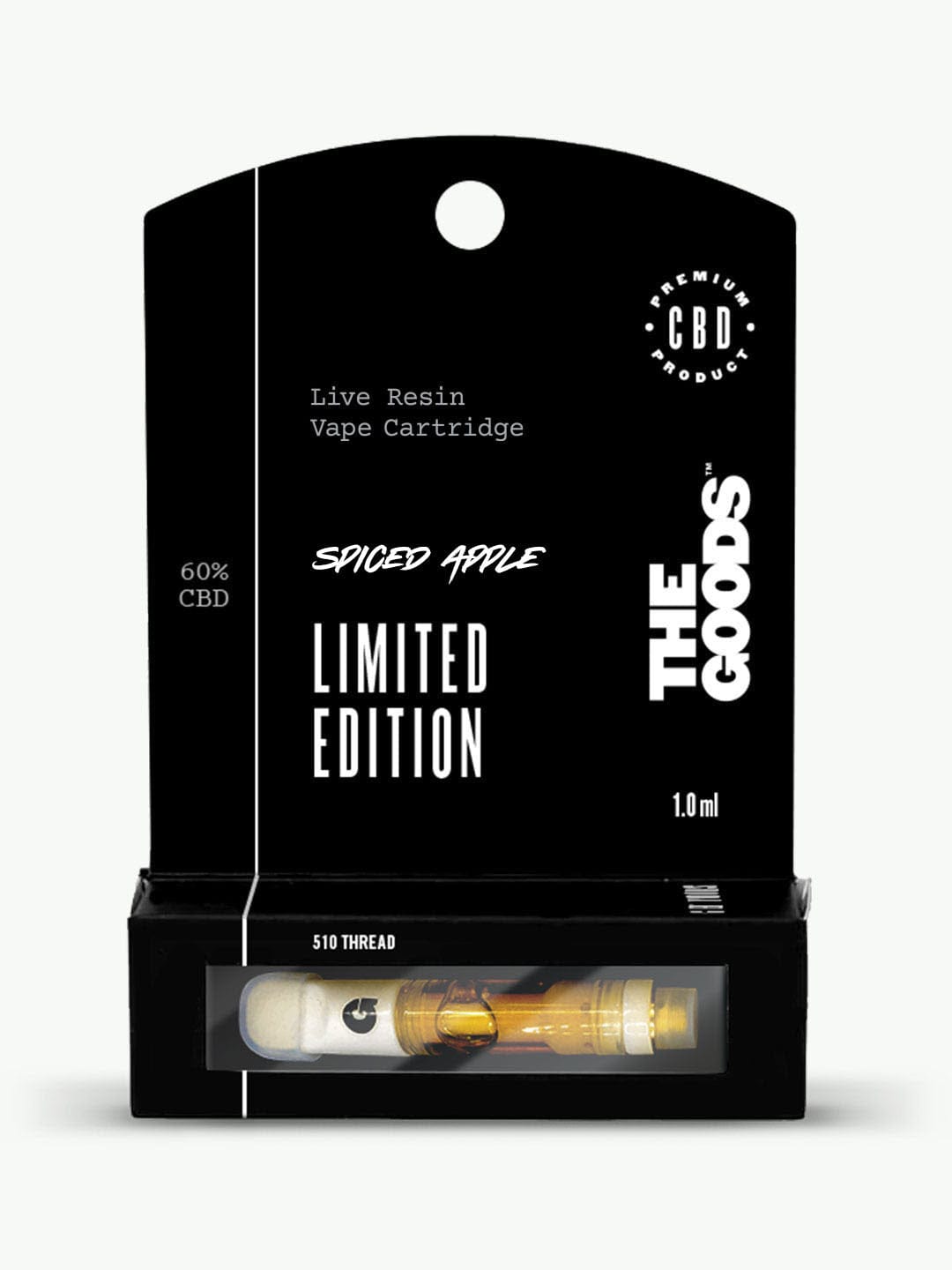 Black box of The Goods Spiced Apple Live Resin 510 Cartridge, 60% CBD, 1.0ml, limited edition, with cartridge visible.