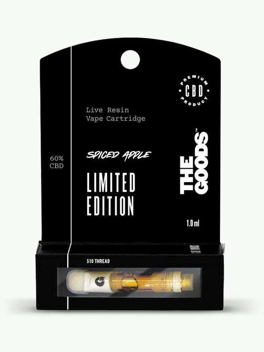 Black box of The Goods Spiced Apple Live Resin 510 Cartridge, 60% CBD, 1.0ml, limited edition, with cartridge visible.