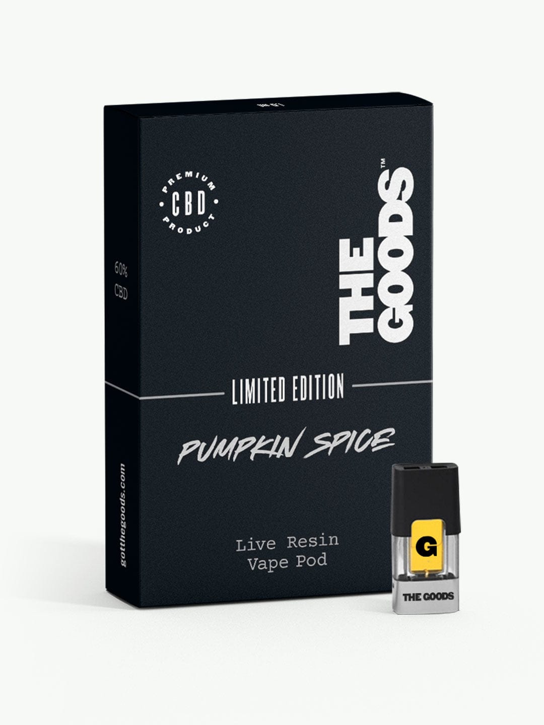 Black box labeled “The Goods Pumpkin Spice Live Resin CBD Vape Pod | 60% CBD” with SPECIAL EDITION pod in front.