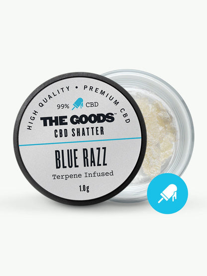 A small container of The Goods brand BLUE RAZZ CBD ISOLATE SHATTER UK, labeled “Blue Razz, Terpene Infused, 1.0g,” with the lid partially open and a mute icon in the bottom right corner. This product is infused with natural cannabis terpenes for enhanced flavor and aroma.