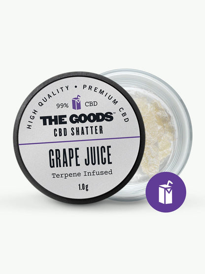 Open round container of The Goods GRAPE JUICE CBD ISOLATE SHATTER UK, showing white shatter inside.