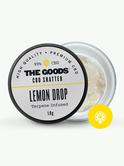 Open jar of The Goods Lemon Drop CBD Isolate Shatter UK, 1.0g THC-free, terpene infused, product partially visible.