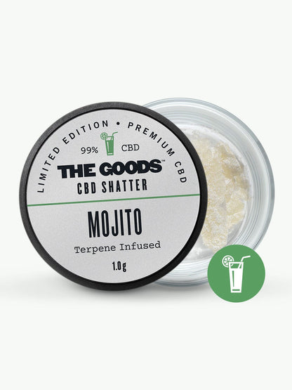 A 1.0g The Goods MOJITO CBD ISOLATE SHATTER UK, with a mojito drink icon beside the container.