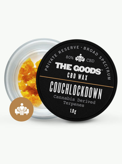 Open COUCHLOCKDOWN CBD WAX CRUMBLE UK by The Goods: yellow, 80% CBD, 1.0g, terpenes—container open.