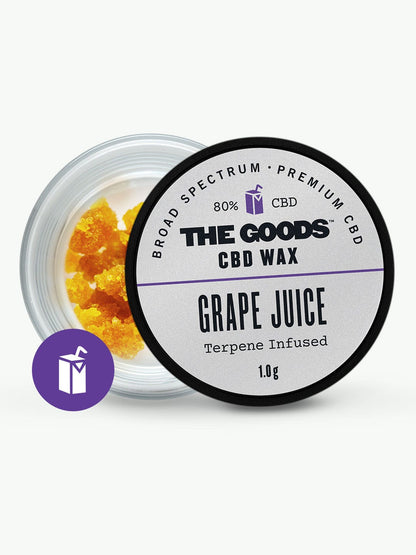 The Goods GRAPE JUICE CBD WAX CRUMBLE UK, 1.0g, 80% CBD, terpene infused, yellow concentrate inside.